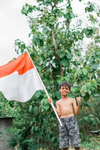 Tişörtsüz çocuk yumruğunu sıkmış Endonezya bayrağıyla doğa arka planında