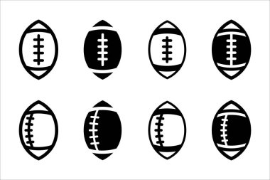 Amerikan futbol ikonu seti. Rugby topu ikonları. Amerikan futbol topu vektör stok illüstrasyonu. Basit siyah-beyaz düz tasarım. Dikey toplar.