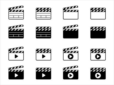 Alkış tahtası simgesi ayarlandı. Açılıp kapanan film çekim tahtası vektörü. Sinema sembolü. Vektör stok illüstrasyonu.