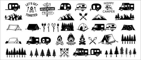 Ensemble Illustrations Vectorielles Camping Camping Tente Montagnes Icônes Remorque Camping Illustrations De Stock Libres De Droits