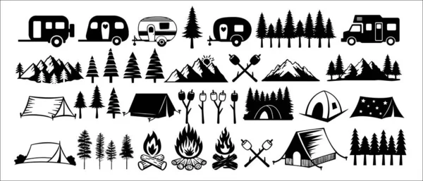 キャンプベクトルイラストセット キャンプテントと山のアイコン キャンパートレーラー マシュマロ キャンプファイヤー 松の木ベクターストックイラスト アウトドアブランディングに最適 ストックイラスト