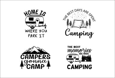 Kamp hayatı vektör tasarımından alıntı yapıyor. Ev, karavanı park ettiğin yerdir. Beyaz şeffaf arka planda izole edilmiş. Tişört, kupa, dekor, hatıra ve daha fazlası için harika bir kamp hayatı teması tasarımı