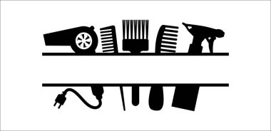 Berber aletleri pankartı yırttı. Kuaför salonu afiş şablonunu ikiye ayırdı. Saç stilisti imza vektörü. Kuaför ismi afişi için harika bir şablon.