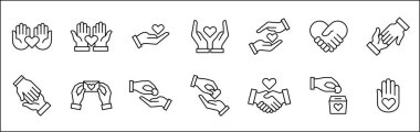 Aids simgeleri. Bağış ve bağış ikonu seti. Hayırsever eller ikonu. El işareti veriyorum. Yardım sembolü. Vektör hisse senedi çizimi. Koleksiyonda gönüllülük, bağış, şefkat ve finansman sembolleri yer alıyor