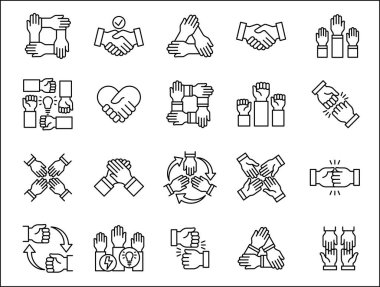 Takım çalışması ikonu. İşbirliği elleri simgesi seti. İşbirliği sembolü. İş arkadaşı imzası. Kardeşlik, ilişki, bağlantı, ortaklık simgeleri. Satır biçimi tasarımında izole edilmiş vektör illüstrasyonu