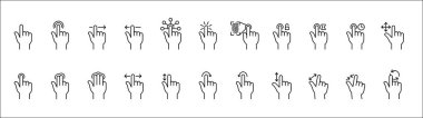Parmak ekranı jest simgesi seti. Jest vektör simgelerine dokun ve kaydır. Ekran operasyonu ve yön bulma sembolüne dokunun. Çift tıklama, uzun tıklama, yakınlaşma, hareket gibi simgeleri içerir. Vektör stok resmi.
