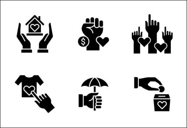 Bağış ve bağış ikonu seti. Giysiler, ev ve yiyecek bağış ikonları hazır. Bağış tabelası. Gönüllü sembolü. Düz katı biçim tasarımında vektör stok simgeleri koleksiyonu.