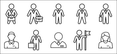 İş adamı simgesi seti. İş kadını ikonları. Kullanıcı simgesi. Profesyonel şirket çalışanı ya da işçi sembolü. Girişimci sembolleri. Takım elbiseli bir iş adamı. İnce çizgi biçiminde vektör hisse simgeleri ayarlandı.