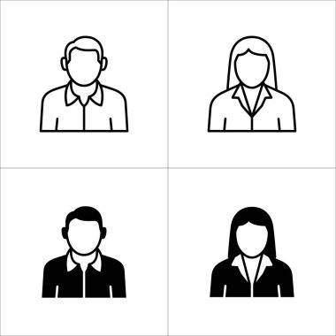 İş adamı simgesi seti. İş kadını ikonları. Kullanıcı simgesi. Profesyonel şirket çalışanı ya da işçi sembolü. İsimsiz profil işareti. Müşteri hizmetleri sembolleri. İnce çizgi biçiminde vektör hisse simgeleri ayarlandı.