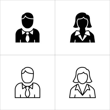 İş adamı ikonu. İş kadını ikonları. Profesyonel şirket çalışanı ya da işçi sembolü. İsimsiz profil, insanlar ve kullanıcı hesap sembolü. Vektör hisse simgeleri illüstrasyonu.