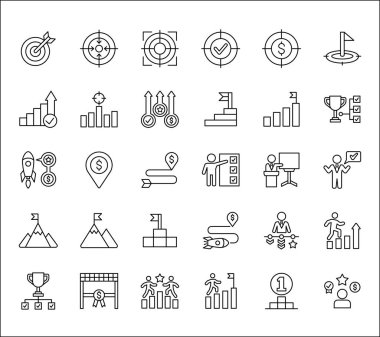 Hedef simgesi ayarlandı. Hedefler ve başarı simgeleri belirlendi. İş ve yönetim ikonu. İnce çizgi şeklinde vektör hisse senedi çizimi. Roket, işadamı, podyum, kupa ve ödül sembolleri içeriyor.