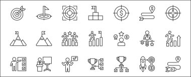 Hedef simgesi ayarlandı. Hedefler ve başarı simgeleri belirlendi. İş ve yönetim ikonu. İnce çizgi şeklinde vektör hisse senedi çizimi. Roket, işadamı, podyum, kupa ve ödül sembolleri içeriyor.