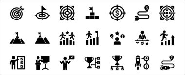 Hedef simgesi ayarlandı. Hedefler ve başarı simgeleri belirlendi. İş ve yönetim ikonu. Vektör hisse senedi çizimi katı düz stil. Roket, işadamı, podyum, kupa ve ödül sembolleri içeriyor.