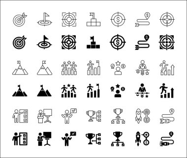 Hedef simgesi ayarlandı. Hedefler ve başarı simgeleri belirlendi. İş ve yönetim ikonu koleksiyonu. Vektör hisse senedi çizimi ince çizgi tarzı. Roket, işadamı, podyum, kupa ve ödül sembolleri içeriyor