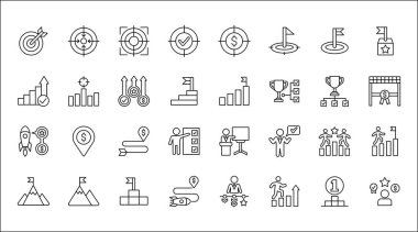 Hedef simgesi ayarlandı. Hedefler ve başarı simgeleri belirlendi. İş ve yönetim ikonu. İnce çizgi şeklinde vektör hisse senedi çizimi. Roket, işadamı, podyum, kupa ve ödül sembolleri içeriyor.