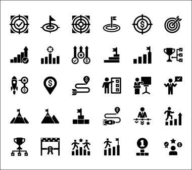 Hedef simgesi ayarlandı. Hedefler ve başarı simgeleri belirlendi. İş ve yönetim ikonu. Vektör hisse senedi çizimi katı düz stil. Roket, işadamı, podyum, kupa ve ödül sembolleri içeriyor.