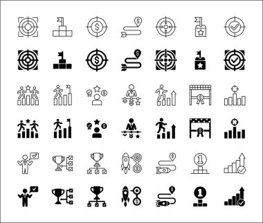 Hedef simgesi ayarlandı. Hedefler ve başarı simgeleri belirlendi. İş ve yönetim ikonu koleksiyonu. Vektör hisse senedi çizimi ince çizgi tarzı. Roket, işadamı, podyum, kupa ve ödül sembolleri içeriyor