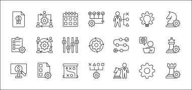 İş stratejisi, yönetim, kurulum, araştırma ve plan ikonu seti. İş adamı, takım, tartışma, toplantı, ayar, satranç atı, fil, kale ikonları veya sembolleri içerir. Düz ince çizgi grafik tasarımı