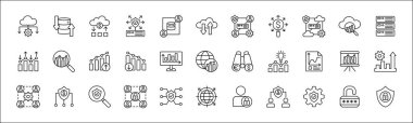 İş verileri, istatistik ve güvenlikle ilgili simge seti. Grafik simgeleri, analitik, veritabanı, koruma, bulut, bilgisayar, araştırma, otorite, satış ve pazar içerir. İnce çizgi vektör illüstrasyonu.