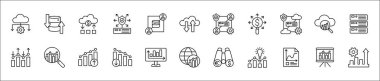 İş verileri, istatistik ve güvenlikle ilgili simge seti. Grafik simgeleri, analitik, veritabanı, koruma, bulut, bilgisayar, araştırma, otorite, satış ve pazar içerir. İnce çizgi vektör illüstrasyonu.