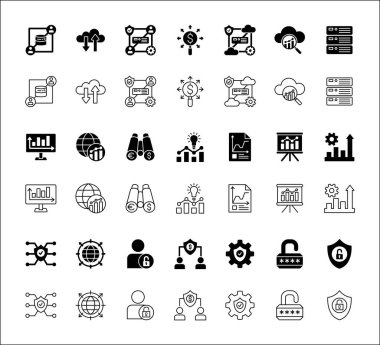 İş verileri, istatistik ve güvenlikle ilgili simge seti. Grafik, analitik, veritabanı, koruma, bulut, bilgisayar, araştırma, otorite, pazar simgeleri içerir. İnce çizgi düz vektör çizimi.