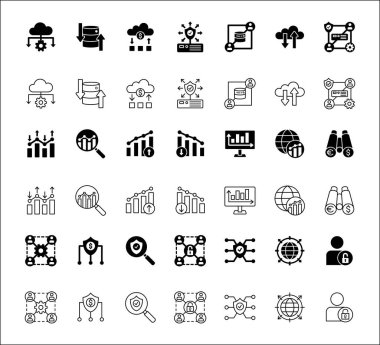 İş verileri, istatistik ve güvenlikle ilgili simge seti. Grafik, analitik, veritabanı, koruma, bulut, bilgisayar, araştırma, otorite, pazar simgeleri içerir. İnce çizgi düz vektör çizimi.