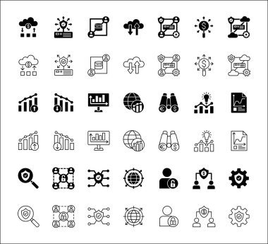 İş verileri, istatistik ve güvenlikle ilgili simge seti. Grafik, analitik, veritabanı, koruma, bulut, bilgisayar, araştırma, otorite, pazar simgeleri içerir. İnce çizgi düz vektör çizimi.