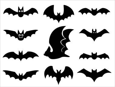 Yarasa siluet vektörü ayarlandı. Cadılar Bayramı yarasaları koleksiyonu. Korkutucu, ürkütücü ve sevimli yarasa. Şablon, duvar dekorasyonu, kapı süslemesi, çıkartma için vektör çizimi şablonu. Beyaz arkaplanda izole.