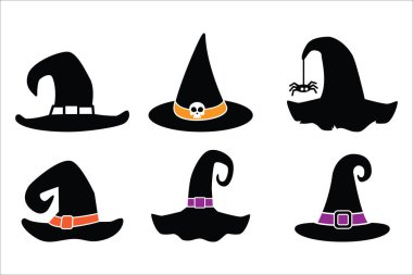 Cadılar Bayramı cadı şapkası. Cadılar şapka vektör koleksiyonu. Kafatası ve örümcek ağıyla süslenmiş cadı şapkası. Etiket, duvar dekorasyonu, asılı kapı dekorasyonu için vektör stoku çizimi.