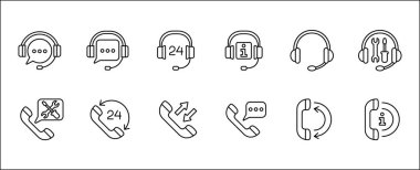 Müşteri hizmetleri ve destek ikonu seti. Yardım simgeleri, teknik, yardım, asistan, ajan, yardım hattı, iletişim, çağrı, personel, operatör, posta, kılavuz defteri içeriyor. İnce çizgi dizaynında vektör hisseleri