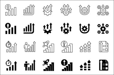 İş geliştirme ikonu seti. Büyüme, ilerleme, yönetim, süreç, bakım, artış, kar, kazanç, optimizasyon, adım simgeleri ve simgeleri içerir. Vektör düz çizgi tasarımı.