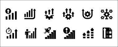İş geliştirme büyüme ikonu ayarlandı. Geliştirme, ilerleme, yönetim, süreç, bakım, artış, kar, kazanç, optimizasyon, adım simgeleri ve simgeleri içerir. Vektör düz çizgi tasarımı.