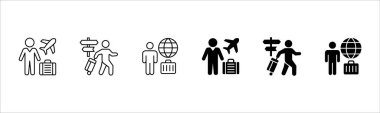 Ofis tatil günü ikonu seti. Tatil ve tatil ikonu koleksiyonu. Simge seti iş, iş, seyahat, iş, sahil, dağ, yaz, şemsiye, bavul sembolleri içerir. Vektör stok illüstrasyonu.