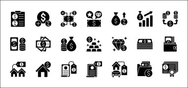 Finans sektörü simgesi seti. Finansal yönetim simgeleri. Simgeler para, kar, faiz, şirket varlığı, kaynak, servet, envanter, mülk, değer sembolleri içerir. Vektör stok illüstrasyonu.