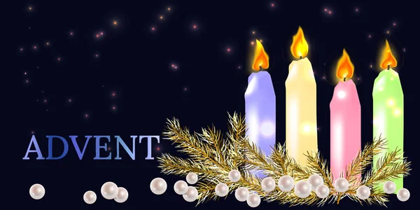 Four Beautiful Advent Christmas Burning Candles Festive Decorations Golden Fir — Stock Vector