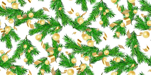 ホリデーバナーメリークリスマス 現実的なお祝いの松やトウヒの枝 緑に輝く金の星とシームレスなデザイン 新年やクリスマスのポスター ヘッダー 季節の壁紙のための素晴らしい ベクトル — ストックベクタ