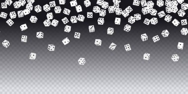 Kumar oyunu zarları. Şeffaf siyah nokta izole edilmiş gerçekçi izometrik beyaz zar küplerinin kusursuz deseni. Kumarhanede oynamaya itirazım var, birden altıya kadar. Vektör illüstrasyonu