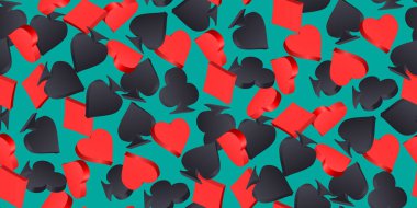 Kart giysisi simgeleri oynuyorum. Kusursuz desenli, düşen kırmızı, yeşil arka planda kart oynamak için siyah takımlı. Kumarhane için vektör illüstrasyonu, oyun tasarımı, reklamcılık, parti reklamları