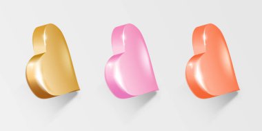 Three realistic golden red pink hearts isolated. 3D illustration for use in template for greeting Happy Valentines day, invitation card wedding, shape closeup, red heart icon for web sites and apps
