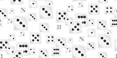 Gambling game dice. Seamless pattern of realistic white play dice cubes with black dot isolated on white. Objects to play in casino, dice from one to six dots. View from above. Vector illustration