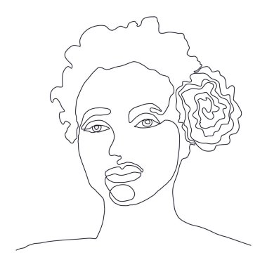 Woman Line Art Minimalist Logo. Continuous drawing in one line. Line sketch of female face with flower head. Black white vector illustration for t-shirt, slogan design, print style, beauty salon logo