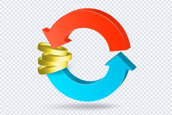 2本の矢が金貨を取り囲みます 支払いの概念 アイコンを交換します 投資と銀行の概念 通貨の移動 お金の変換 銀行概念 3Dベクトル図 — ストックベクタ