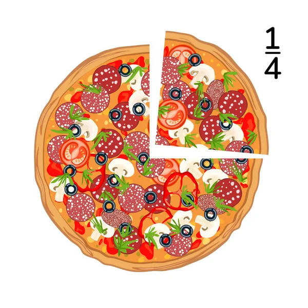 披萨片Ppizza Slices 配上腊米片 西红柿 橄榄和罗勒的比萨 意大利传统快餐 在白色上隔离的顶部视图餐 卡通平面风格 矢量说明 — 图库矢量图片
