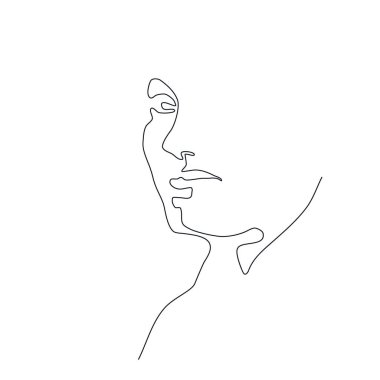Kadın Çizgisi Sanat Minimalist Logosu. Tek bir satırda sürekli çizim. Kadın yüzü çizimi. Tişört için siyah beyaz vektör illüstrasyonu, slogan tasarımı, baskı tarzı, güzellik salonu logosu