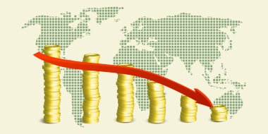 Dünya krizi, düşüş grafiği, arkaplan haritasında aşağı doğru hareket eden ok. Finansal düşüş çizelgesi, küresel ekonomik kriz, durgunluk, düşme grafiği. Kâr düştü. Vektör finansal ekonomik tasarım