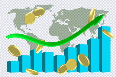 Eğri yeşil ok, uçan paralar, arka plan küresel haritasında pazar hareketleri konsept şeması. Yatırım ve finansal büyüme kavramı. Hisse senedi haber dürtüleri ticareti. Ticari bilgi. Gerçekçi 3d vektörü