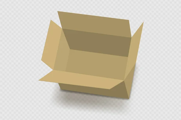 透明感のある空の段ボール箱 現実的な段ボール箱モックアップを開きます 商品のための小包パッケージテンプレート 輸送のための隔離されたパック 宅配貨物箱 3Dベクトル図 — ストックベクタ