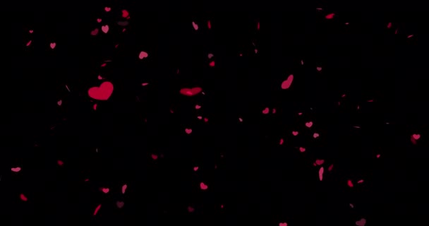 黒い画面に赤い空飛ぶ心を持つアニメーションロマンチックなパターン 漫画のコンフェッティの愛の兆候 結婚式 ラブストーリー バレンタインデーのためのシンプルな心を持つシームレスなループビデオ 4Kグラフィックモーション — ストック動画