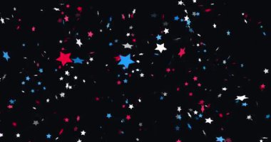 Animasyon, siyah üzerine kırmızı beyaz yıldızları hareket ettiriyor. ABD, Şili, Fransa, Hollanda, Avustralya, Birleşik Krallık bayrağı dalgalanan konfetiler. Amerikan Bağımsızlık Günü, Başkan Günü. 4K kusursuz döngü