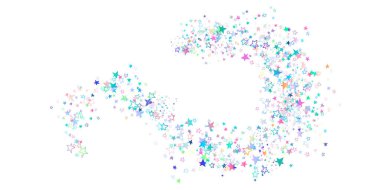 Renkli uçan yıldızların konfetileri beyazlar üzerinde izole edildi. Güzel, rastgele bir yıldız düşüyor. Değişen renk yıldızlarının deseni. Tatil tasarımı için dekoratif vektör tasarımı, Noel, parti, doğum günü, davetiye